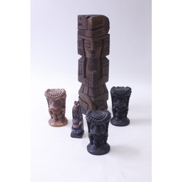 Vintage Wooden Totems, Set of 5, Hand Carved, Tiki statues, Rustic, Native - Picture 1 of 4